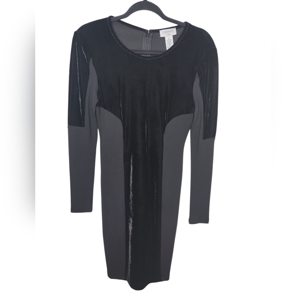 Carmen Marc Valvo Black Bodycon Dark Romantic Goth Velvet Applique Dress Size S